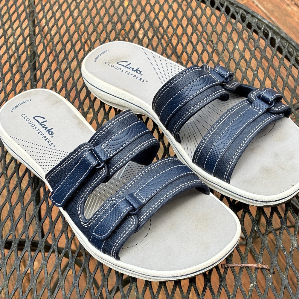 Clarks Navy Double-Strap Cloudsteppers Slide Sand… - image 1
